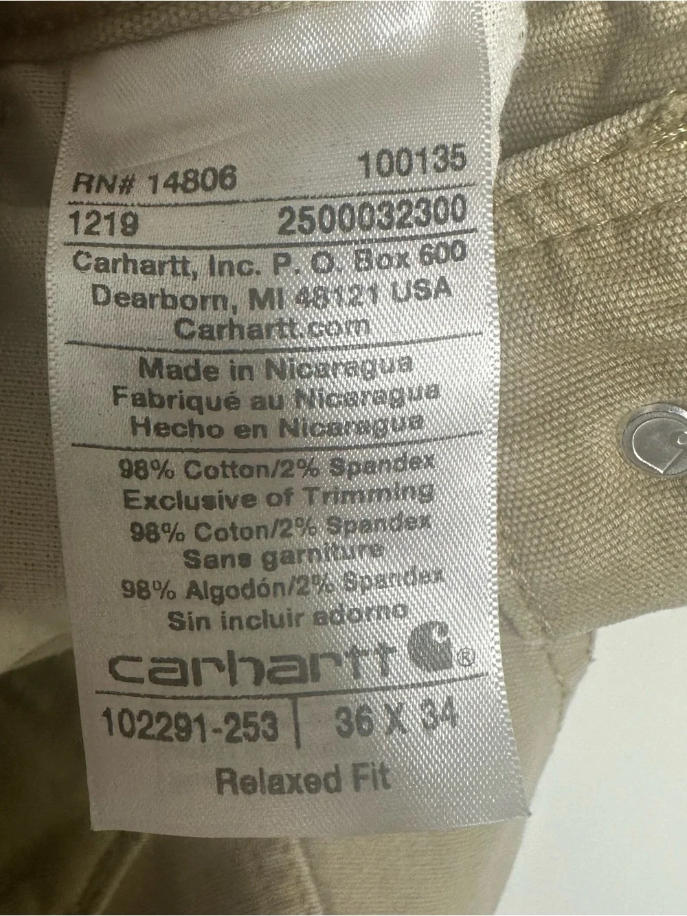 Carhartt Canvas Relaxed Fit Carpenter Pants Khaki Tan Size 36x34